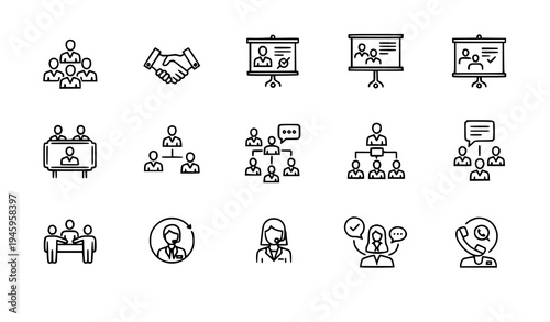 Corporate Teamwork Collaboration Line Icons Business Meeting Vector Set