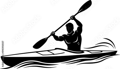 Black Kayak Silhouette Vector Illustration of Male Athlete Paddling in Water for Sports Competition Logo Adventure Tourism Graphics and Outdoor Summer Recreation Activity Icons