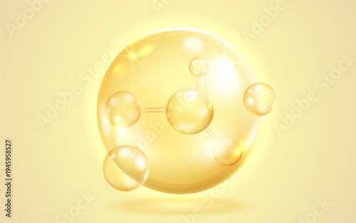 Shining golden molecular structure in a transparent sphere.