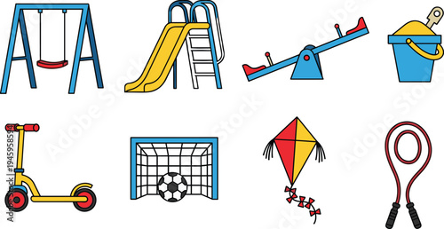 Colorful Playground Equipment and Outdoor Toys Icon Set Featuring Swing Slide Seesaw Sand Bucket Scooter Soccer Goal Kite and Jump Rope