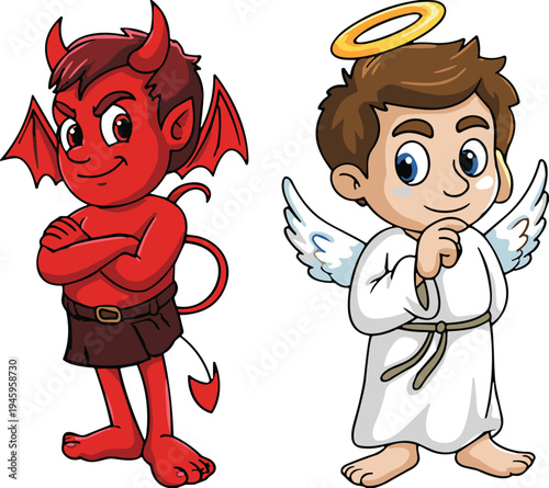 Cute cartoon devil and angel characters representing good and evil, moral choice, conscience, temptation, and spiritual conflict on white background.