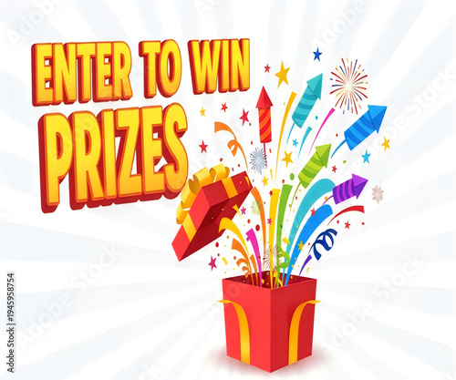 Prizes competition concept with gift box and fireworks