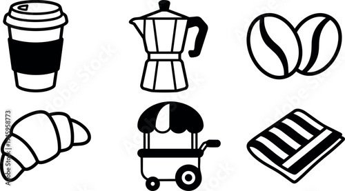 Black and white coffee cup moka pot coffee beans croissant street cart and striped cloth vector icons set