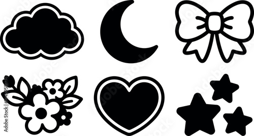Simple black and white vector icons including cloud moon bow flower heart and stars outlined in bold lines