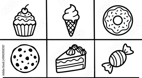 Black line art simple vector icons of cupcake cherry ice cream cone donut cookie cake slice and wrapped candy collection