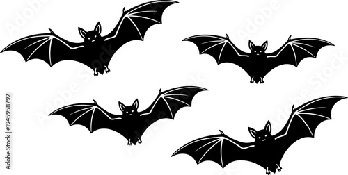 Black silhouette bats flying set isolated on white background for Halloween party decorations, spooky gothic design elements, eerie nocturnal animal vector illustration for creative projects