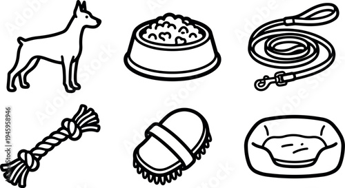 Black outline dog pet accessories including food bowl leash rope toy brush and bed vector line art collection