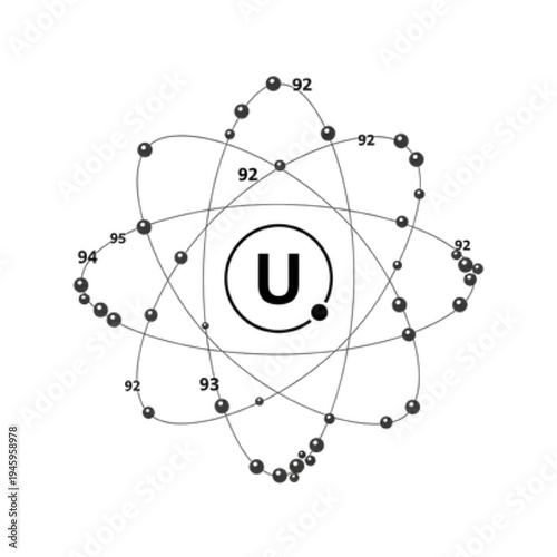 Uranium U-235 Atom Vector Icon, Simple Line Art of Atomic Nucleus with Orbiting Electrons, Nuclear Fuel and Physics Science Education Symbol Design.