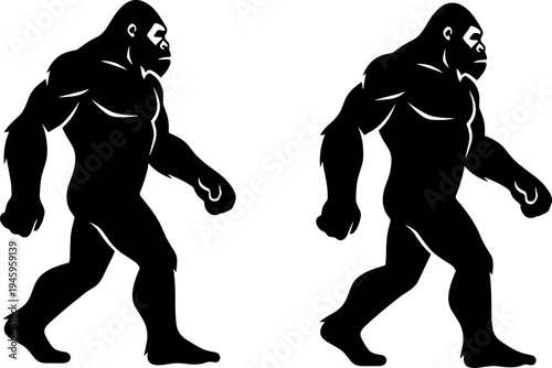 Black silhouette of powerful gorilla or bigfoot walking isolated on white background for wildlife conservation zoo logo jungle animal and mysterious creature theme projects