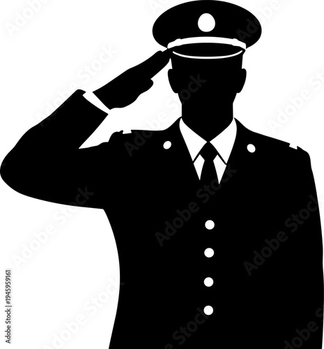 Black silhouette of military officer in uniform saluting isolated on white background for Veterans Day Memorial Day patriotic concepts and national service honor tribute
