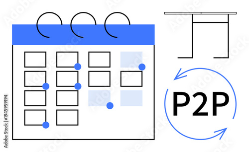 Peer-to-peer sharing, schedule planning, task management, collaboration, workflow organization, digital tools. A calendar with highlighted dates and a P2P symbol. Peer-to-peer sharing and schedule