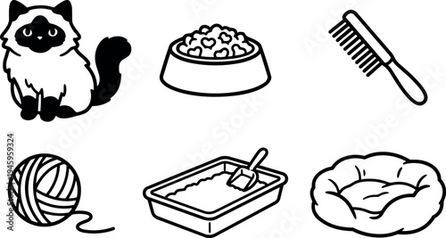 Black and white vector art of fluffy cat with food bowl comb yarn ball litter box and soft pet bed in simple line style