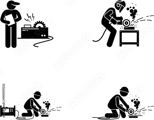 Stick figures depicting various industrial metalworking tasks including grinding, welding, and machine inspection, highlighting safety and manual labor.