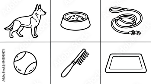 Minimalist line art dog silhouette food bowl leash tennis ball comb and feeding mat icons set on white background