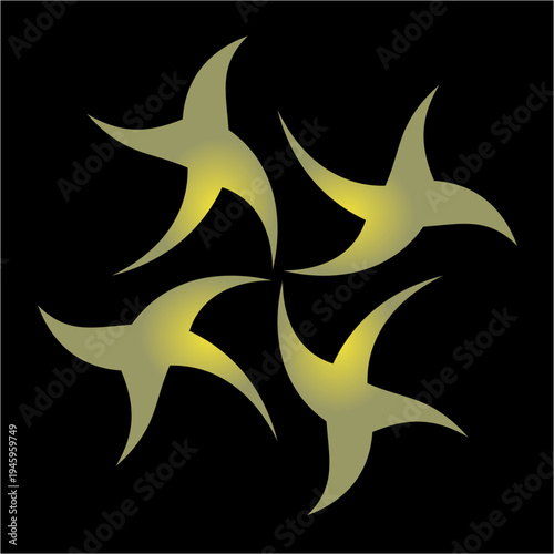 Golden pinwheel shapes whirl like stylized birds, glowing softly against black space, forming a hypnotic spiral of motion, symmetry, silent energy.