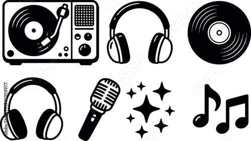 Black and white vector icons of vintage turntable headphones microphone music notes and sparkles in flat design style