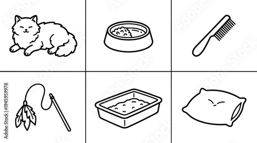Minimalist black and white line art cat lying with food bowl comb toy litter box and pillow icons vector set