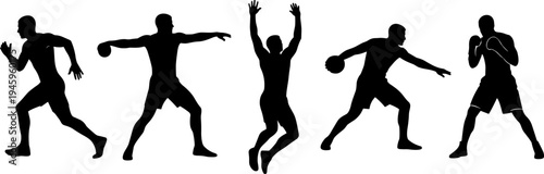 Black silhouettes of male athletes playing various sports including running jumping boxing and ball games isolated on white background for gym fitness and competition design