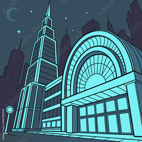 A futuristic cityscape at night with a large building and skyscrapers in a neon-lit urban environment