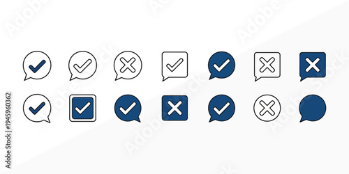 Collection of checkmark and cross icons in various shapes and colors
