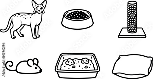 Line art vector set with cat mouse food bowl scratching post litter box and pillow icons in simple black and white style