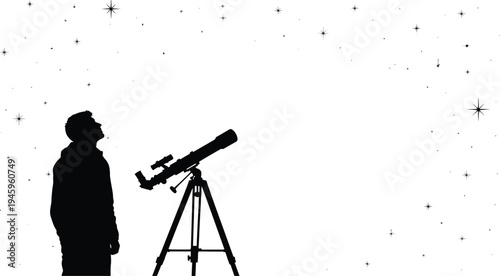 Silhouette of a person looking through a telescope at stars