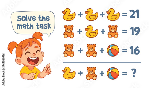 Educational math puzzle for kids with cute toys and equations. Fun learning activity that helps children practice counting, addition, and logical thinking in an engaging playful format.