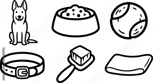 Black outline vector icons of sitting dog bowl with food tennis ball collar scoop with food and folded towel