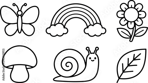 Simple black outline cartoon style butterfly rainbow flower mushroom snail leaf set vector art collection nature elements