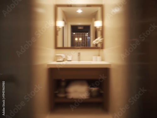 Blurred background of a modern bathroom with a sink, mirror, and warm lighting. Ideal for use as a defocused backdrop.
