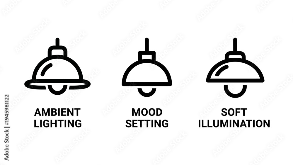 Fototapeta premium Ambient lighting mood setting and soft illumination icons for home interior design and decoration concepts