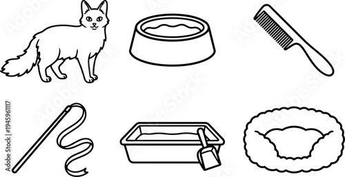 Black and white line art cat playing with ribbon next to food bowl comb litter box and soft bed vector illustration
