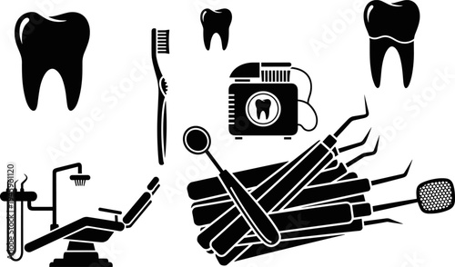 Dental Care Icon Set Featuring Teeth Toothbrush Professional Dentist Chair Medical Mirror and Tools Silhouette Vector for Stomatology Healthcare and Oral Hygiene Graphic Design