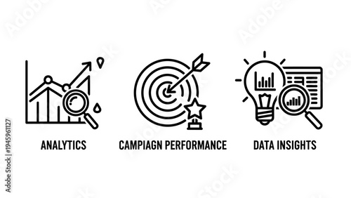 Analytics campaign performance and data insights icons for business marketing strategy and growth optimization