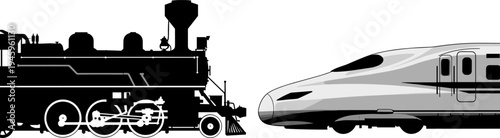 Comparison silhouette showing evolution of rail transport with a vintage steam locomotive engine facing a modern high speed electric bullet train on white background.