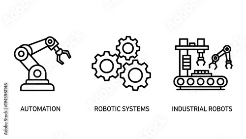 Industrial robotics automation systems and manufacturing factory production technology icons