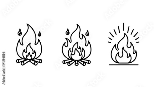 Set of simple campfire icons, bonfire with flames and burning logs for outdoor activities and warming energy concepts