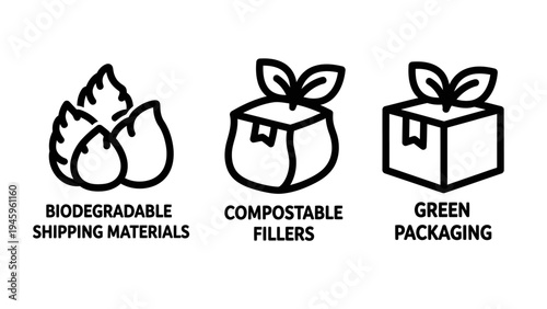 Biodegradable, compostable, green packaging icons for sustainable shipping materials and eco-friendly supply chains