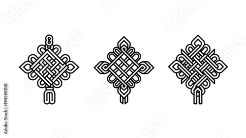 Set of intricate celtic knot and tibetan lucky knot icons, ethnic ornamental designs representing eternity and interconnectedness