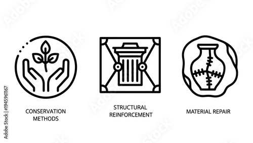 Conservation methods, structural reinforcement, and material repair icons for restoration, maintenance, and sustainability