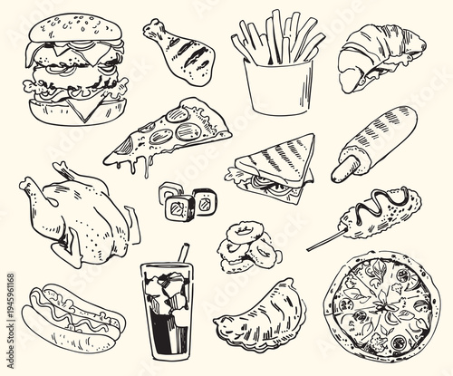 Hand drawn monochrome set of popular fast food and snacks including burger, pizza, fries, pastries, and drinks in doodle line art style, isolated on light background.