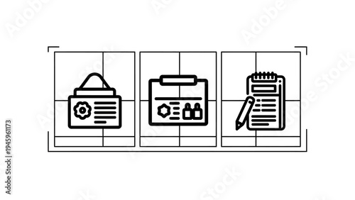 Product management and information icons for inventory, documentation, and task tracking in business operations