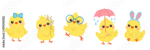 Baby Chicks Easter Spring Set Yellow Chicken Characters With Bow Flowers Glasses Umbrella Bunny Ears Vector Illustration Playful Animal Collection Isolated On White Background