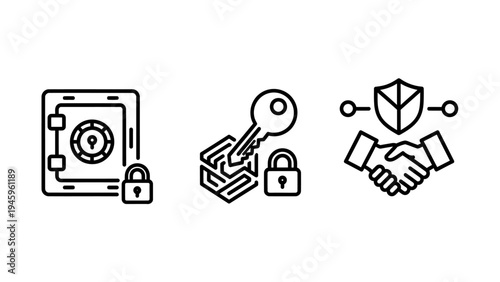 Secure vault, private key, and safe deal line icons illustrating data protection and confidential information access