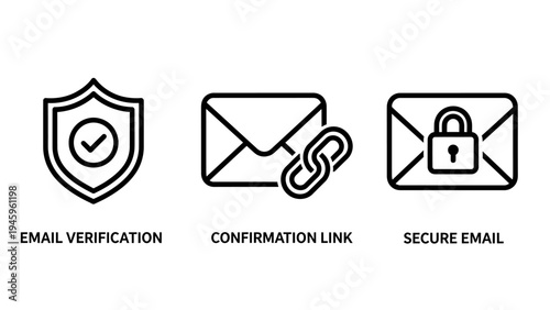 Email verification, confirmation link, and secure email line icons for digital communication and account safety