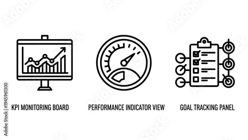Business performance and goal tracking icons for data analytics and strategic monitoring