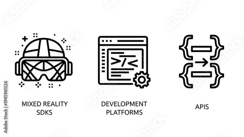Mixed reality, development platforms, and api icons for future tech and software programming concepts