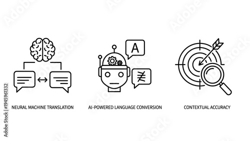 Neural machine translation, AI language conversion, and contextual accuracy icons for tech solutions