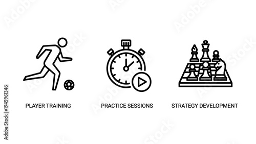 Sports training and strategy development outline icons for player practice sessions and game planning
