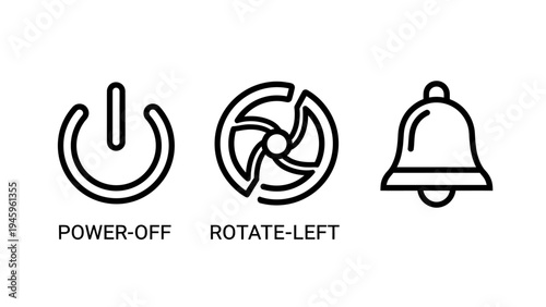 Power off, rotate left, and notification bell outline icons for user interface controls